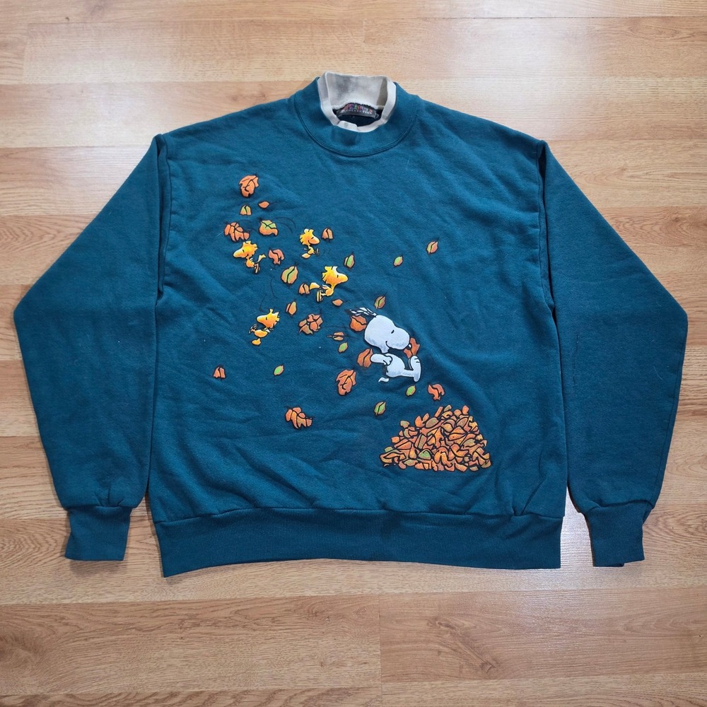 Vintage Peanuts Collection Snoopy Woodstock Sweatshirt Adult XL Fall Teal 90s